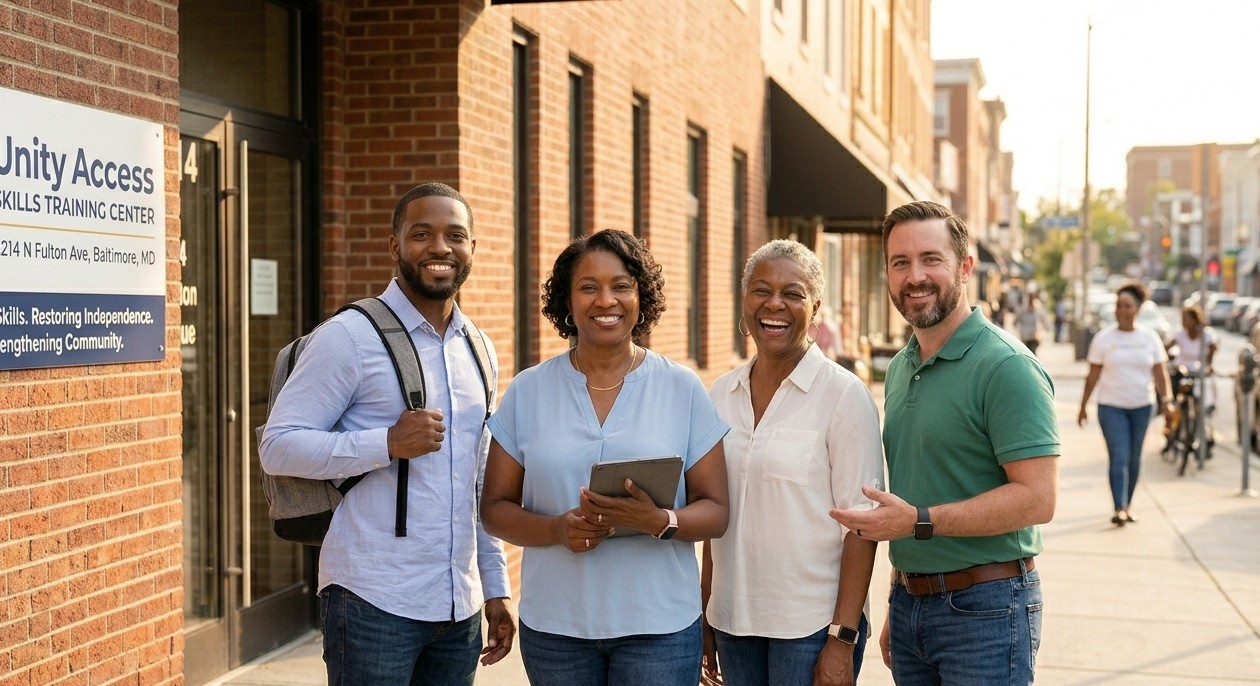 Community members outside training center